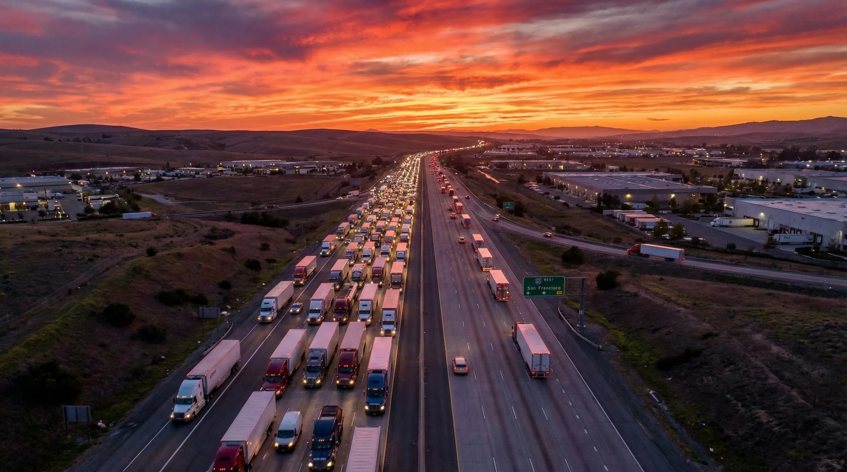 Trucks on an interstate at sunset