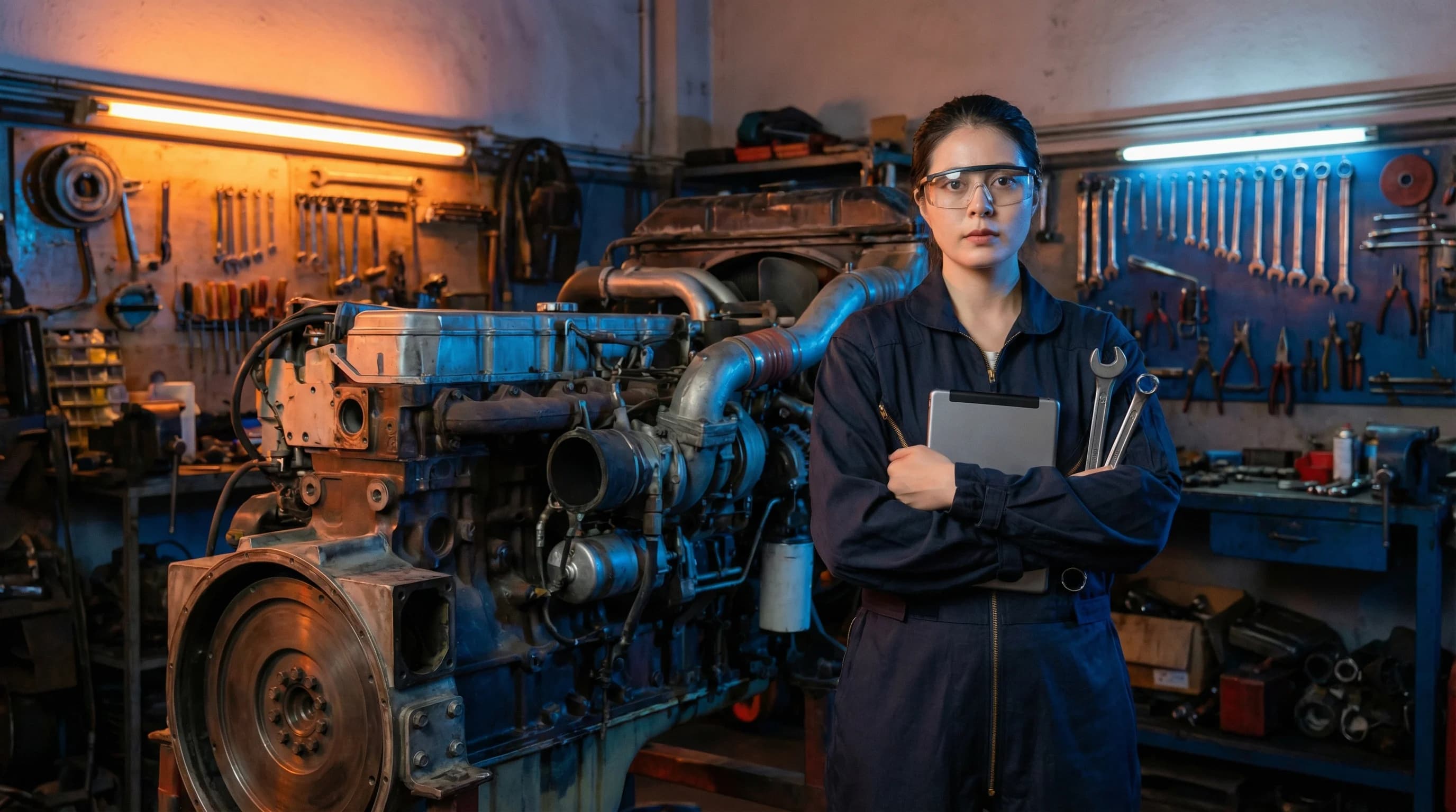 A diesel mechanic in safety glasses standing next to an engine in a workshop